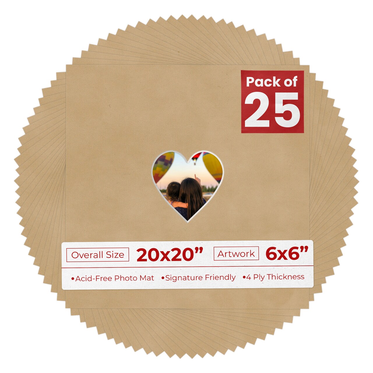 Beige Suede Mat Board for 20x20 Frames - Heart Opening for 6x6 Photos